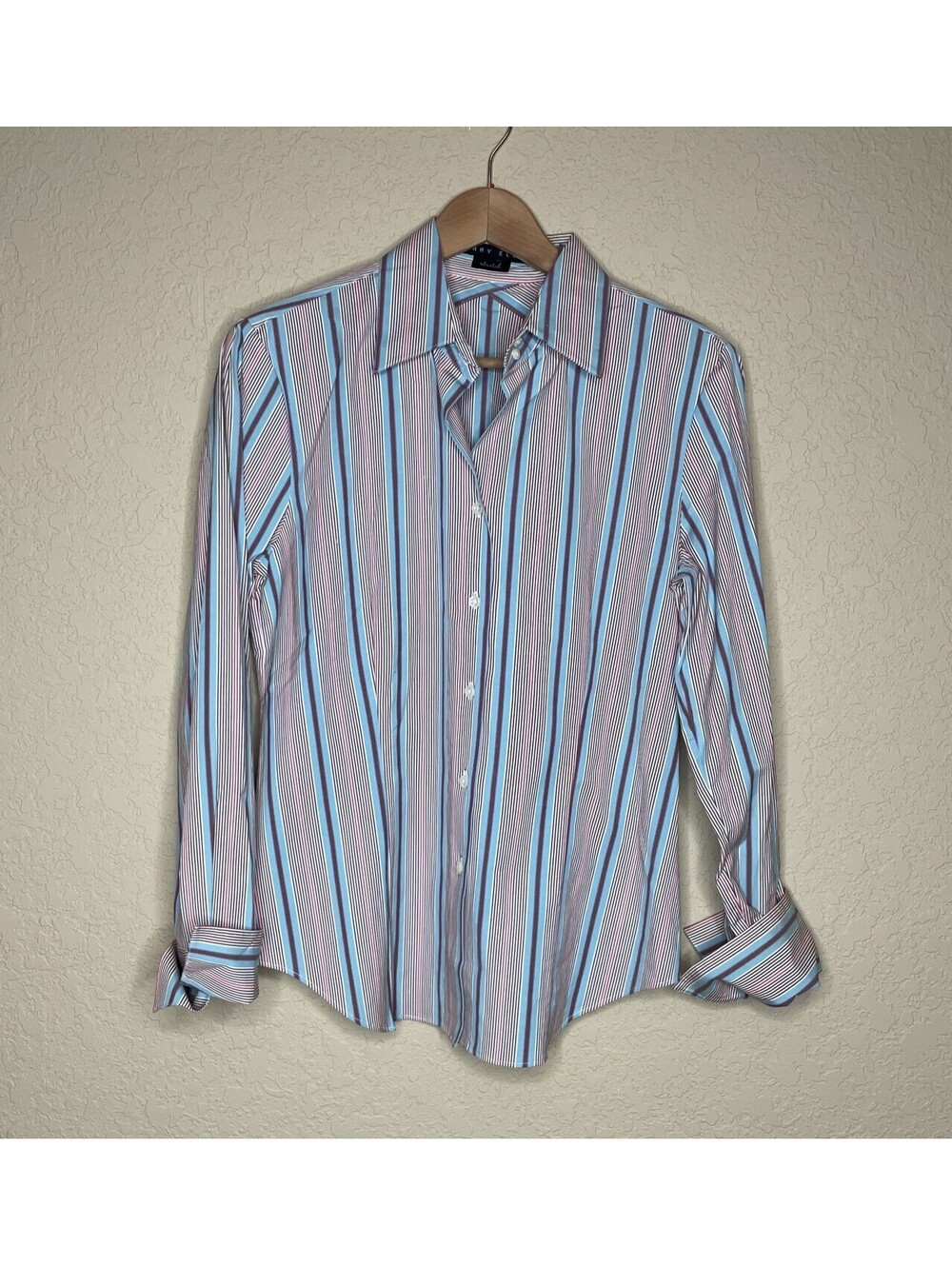Perry Ellis Button-Up Blouse Women’s Size 10 Stretch Striped Cotton Professional